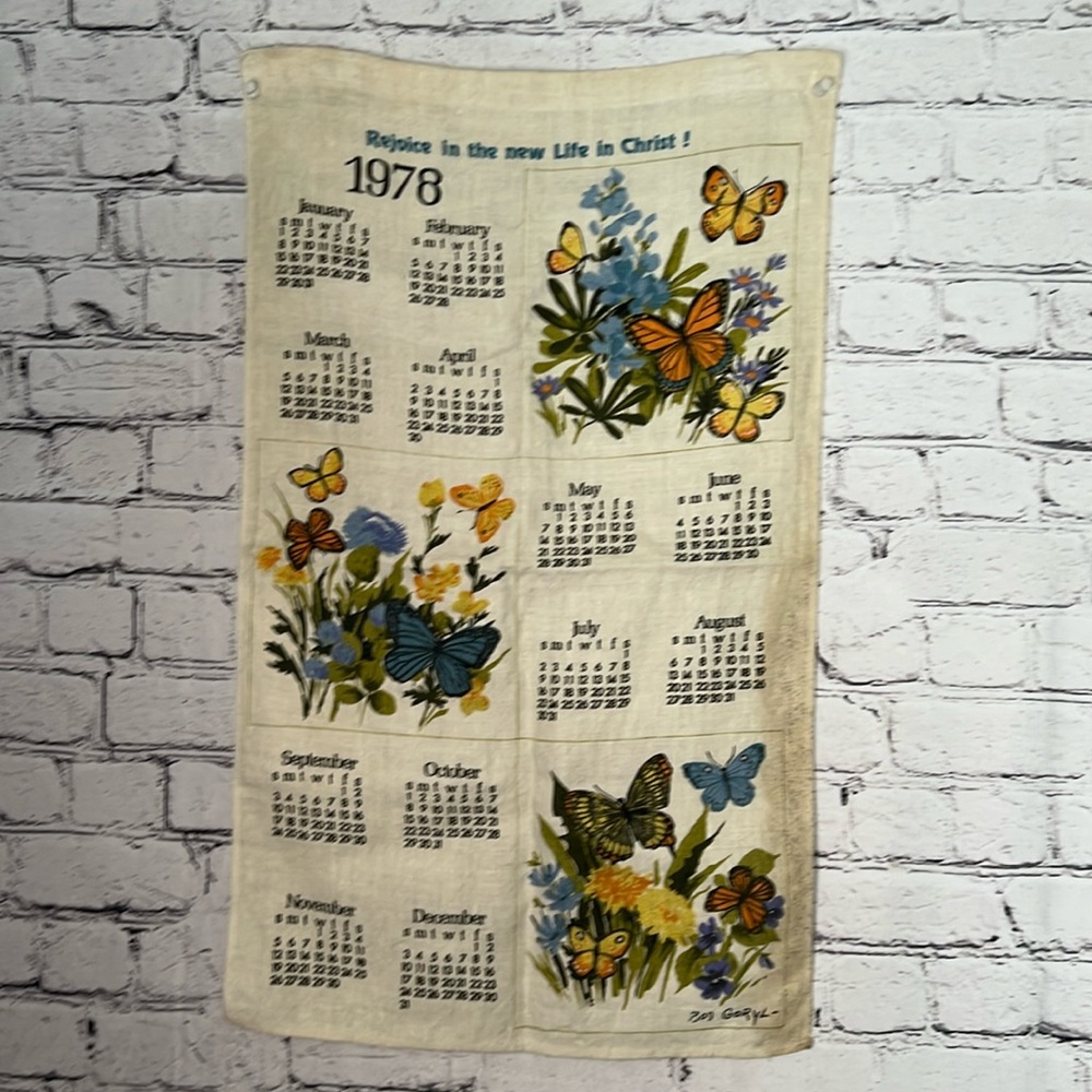 VINTAGE Linen Kitchen Calendar 1978 Tapestry Butterfly Wall Hanging 16" x 26".